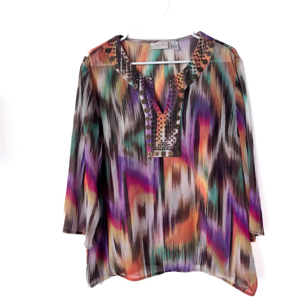 Chico’s Size 3 Multi Color Sheer Artsy Blouse 3/4 Sleeve Chico's Size XL - Picture 2 of 5